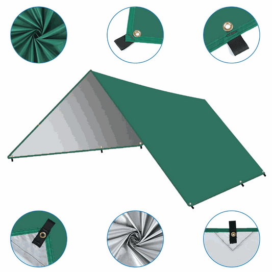 Large waterproof sun shelter with polyester fiber waterproof coating for camping and outdoor use, 3m x 4m or 3m x 5m, green canopy with flexible pole setup.