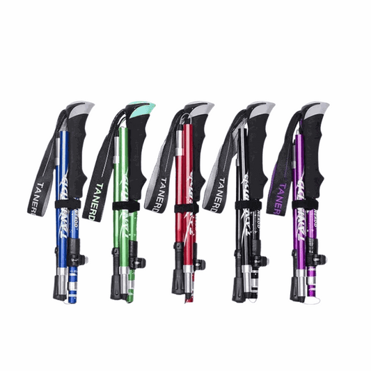 Folded colorful lightweight telescopic trekking poles with foam handles and wrist straps for hiking and camping.