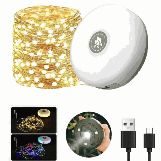 10M waterproof LED camping light strip with USB charger and warm ambient lighting for tents and outdoor decor