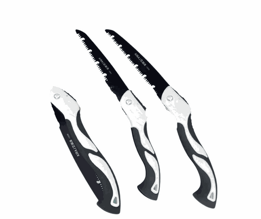 AIRAJ folding saw set with foldable black steel blades and ergonomic handles for woodworking, camping, and garden cutting