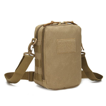 Durable Molle crossbody bag with adjustable strap and multiple compartments for hiking and camping gear.