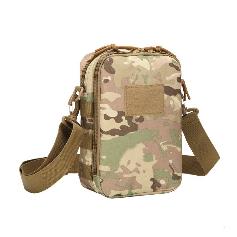 Durable Molle Crossbody Bag with adjustable strap and multiple compartments for hiking and camping.