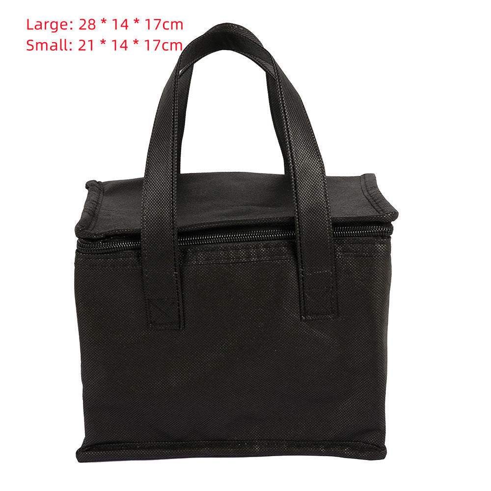 Black insulated thermal bag drink carrier with shoulder handles for food delivery, available in small and large sizes
