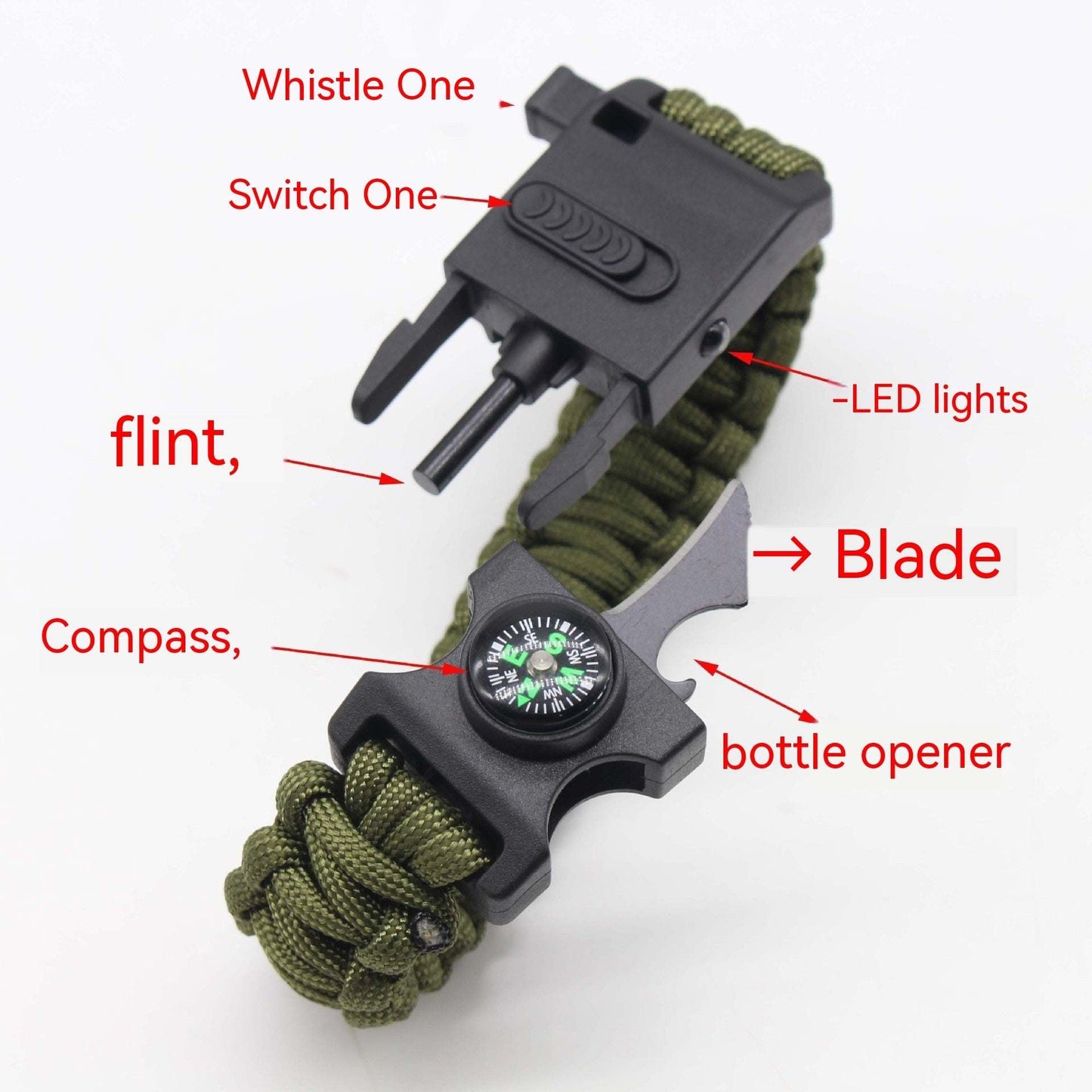 Survival Paracord Bracelet – 7-in-1 Multi-Tool with LED Light, Compass & Whistle