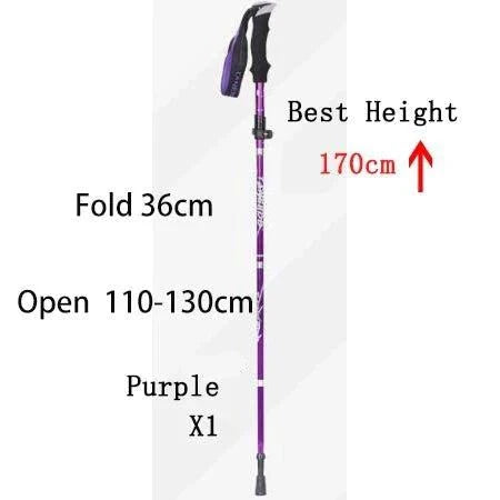 Lightweight purple foldable telescopic trekking pole extending 110-130cm with foam handle for hiking and camping
