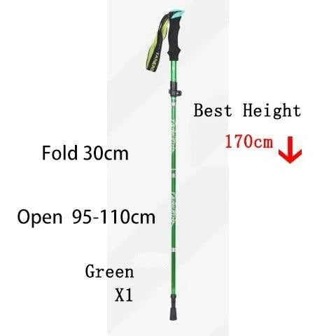 Lightweight green foldable telescopic trekking pole extending 95-110cm for hiking and camping