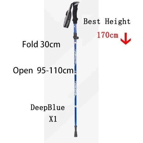 Foldable telescopic trekking pole in deep blue, lightweight and portable hiking stick adjustable from 30cm folded to 95-110cm extended with foam handle and durable carbon steel shaft