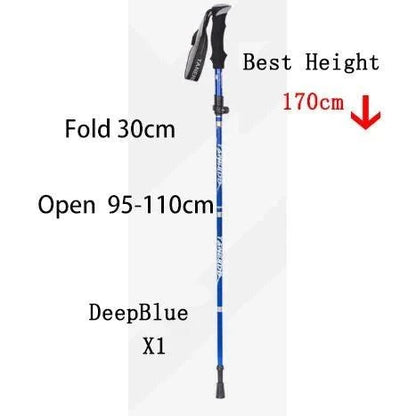 Foldable telescopic trekking pole in deep blue, lightweight and portable hiking stick adjustable from 30cm folded to 95-110cm extended with foam handle and durable carbon steel shaft