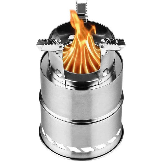 Portable stainless steel wood burning stove with flame for outdoor cooking