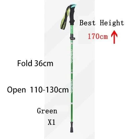Green foldable telescopic trekking pole extending 110-130cm with foam handle, lightweight and portable for hiking and camping