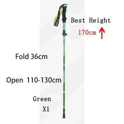 Green foldable telescopic trekking pole extending 110-130cm with foam handle, lightweight and portable for hiking and camping