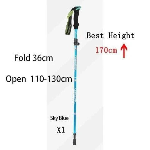 Lightweight foldable telescopic trekking pole in sky blue, extending 110-130cm, portable hiking and camping stick