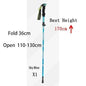 Lightweight foldable telescopic trekking pole in sky blue, extending 110-130cm, portable hiking and camping stick