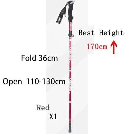 Red foldable telescopic trekking pole, lightweight and portable, extends 110-130cm, ideal for hiking and camping.