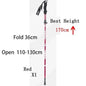 Red foldable telescopic trekking pole, lightweight and portable, extends 110-130cm, ideal for hiking and camping.