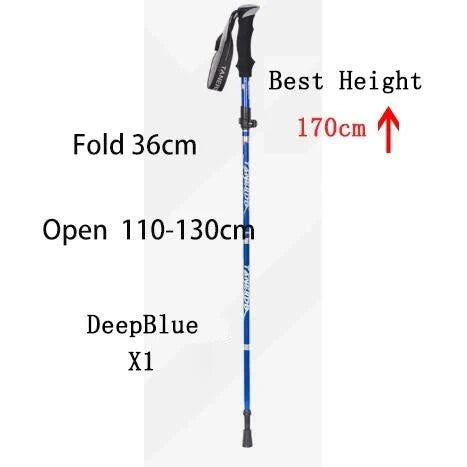 Telescopic trekking pole lightweight foldable carbon steel hiking stick deep blue color with adjustable height 110-130cm, folds to 36cm.
