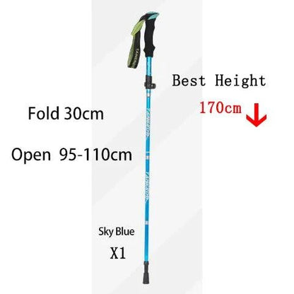 Lightweight foldable telescopic trekking pole in sky blue, extends 95-110cm, folds to 30cm, carbon steel walking stick for hiking and camping