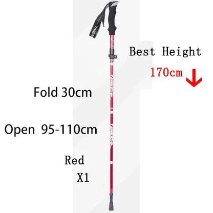 Red foldable telescopic trekking pole, lightweight and portable, extends 95-110cm, folds to 30cm for hiking and camping.