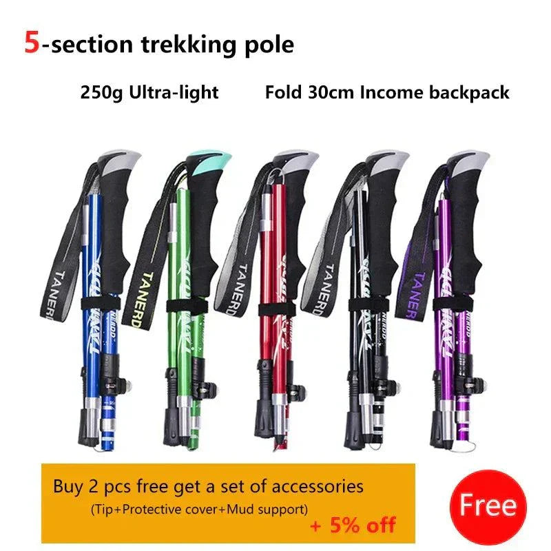 Set of foldable telescopic trekking poles in blue, green, red, black, and purple with foam grips and wrist straps, lightweight and portable for hiking and camping.