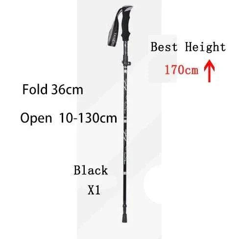 Lightweight foldable telescopic trekking pole with foam handle and carbon steel shaft, extends 10-130cm for hiking and camping.