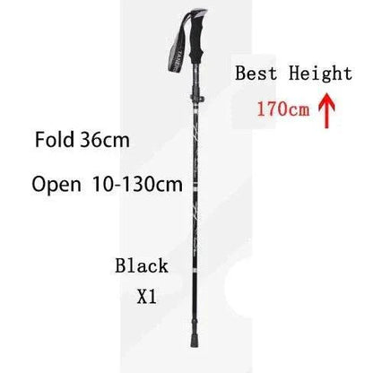 Lightweight foldable telescopic trekking pole with foam handle and carbon steel shaft, extends 10-130cm for hiking and camping.