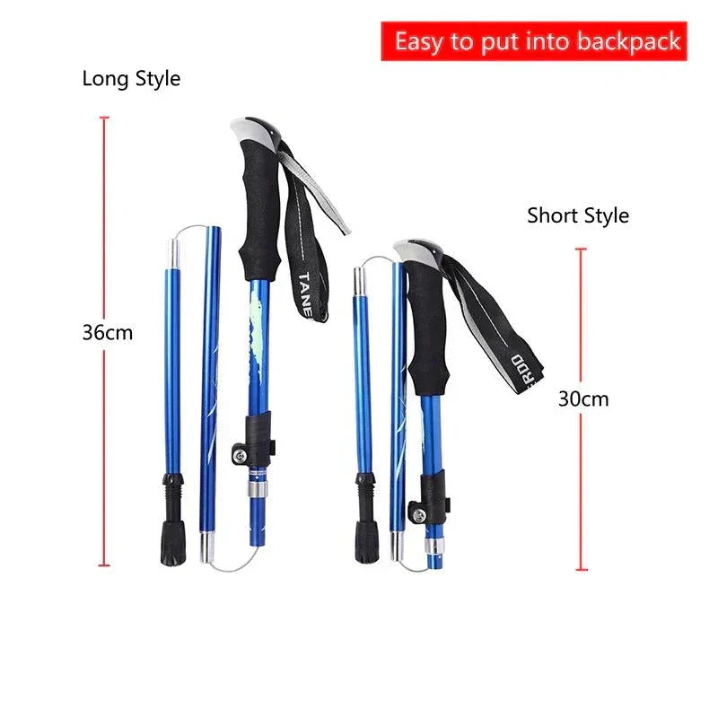 Foldable blue telescopic trekking pole 30-36cm compact, lightweight and portable for hiking and camping with foam handle and carbon steel tip