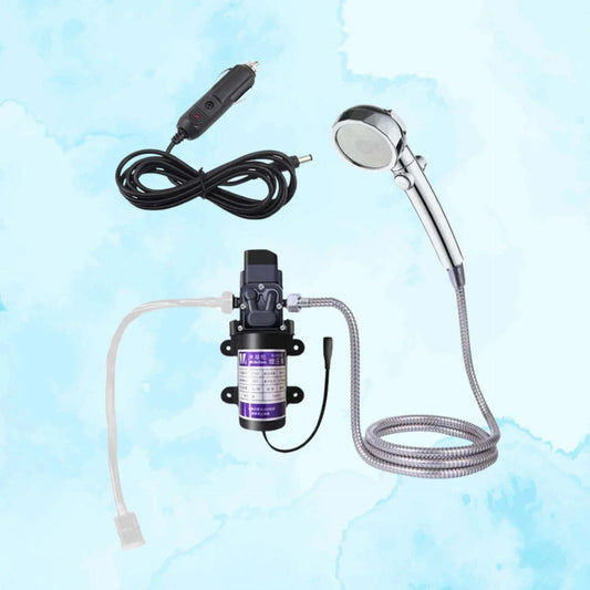 12V electric water pump with shower head and power cable for portable outdoor use
