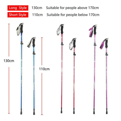 Telescopic trekking poles in blue, red, and purple with foam handles, foldable carbon steel design, lightweight and portable for hiking and camping.