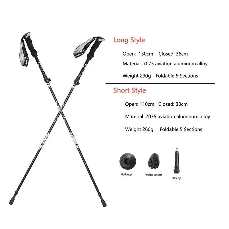 Foldable telescopic trekking poles made of lightweight aviation aluminum alloy with adjustable lengths and multiple tip accessories for hiking and camping.
