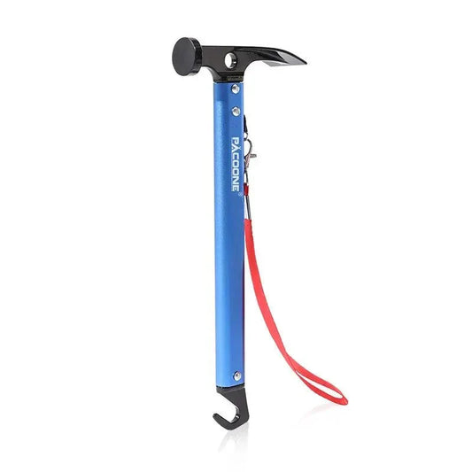 Multifunctional survival hammer with aluminum handle, window breaker, seatbelt cutter, and red wrist strap for emergencies and camping.