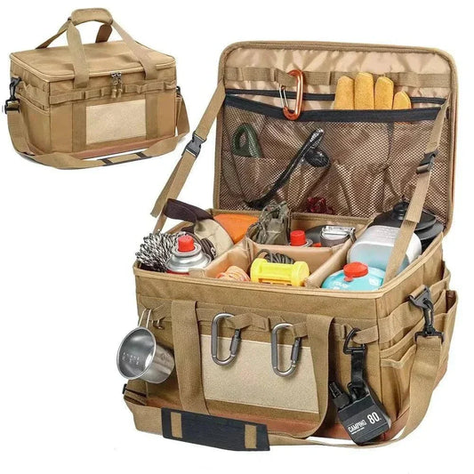 30L camping cookware storage bag in tan with multiple compartments and pockets for organized outdoor cooking gear