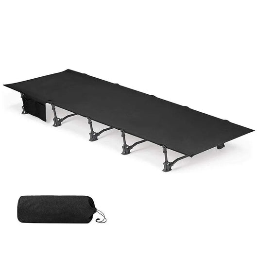 Lightweight folding camp cot in black with foldable legs and carrying bag for camping and outdoor use