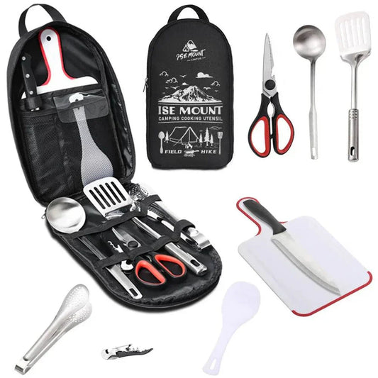 9pcs portable travel utensils set stainless steel camping BBQ outdoor cooking kit with carrying case and tools