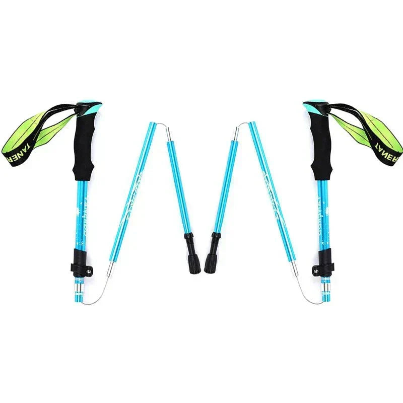 Lightweight foldable telescopic trekking pole in blue with foam handle and adjustable length for hiking and camping