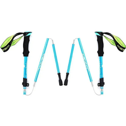Lightweight foldable telescopic trekking pole in blue with foam handle and adjustable length for hiking and camping
