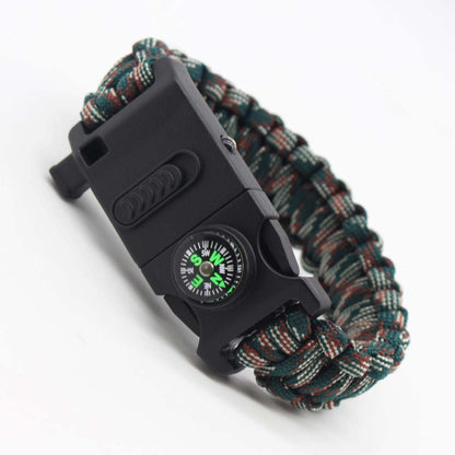 Outdoor multifunctional paracord bracelet with compass, LED light, and whistle for survival and emergencies