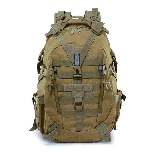 40L tactical camping backpack in khaki with MOLLE webbing and multiple compartments for outdoor travel
