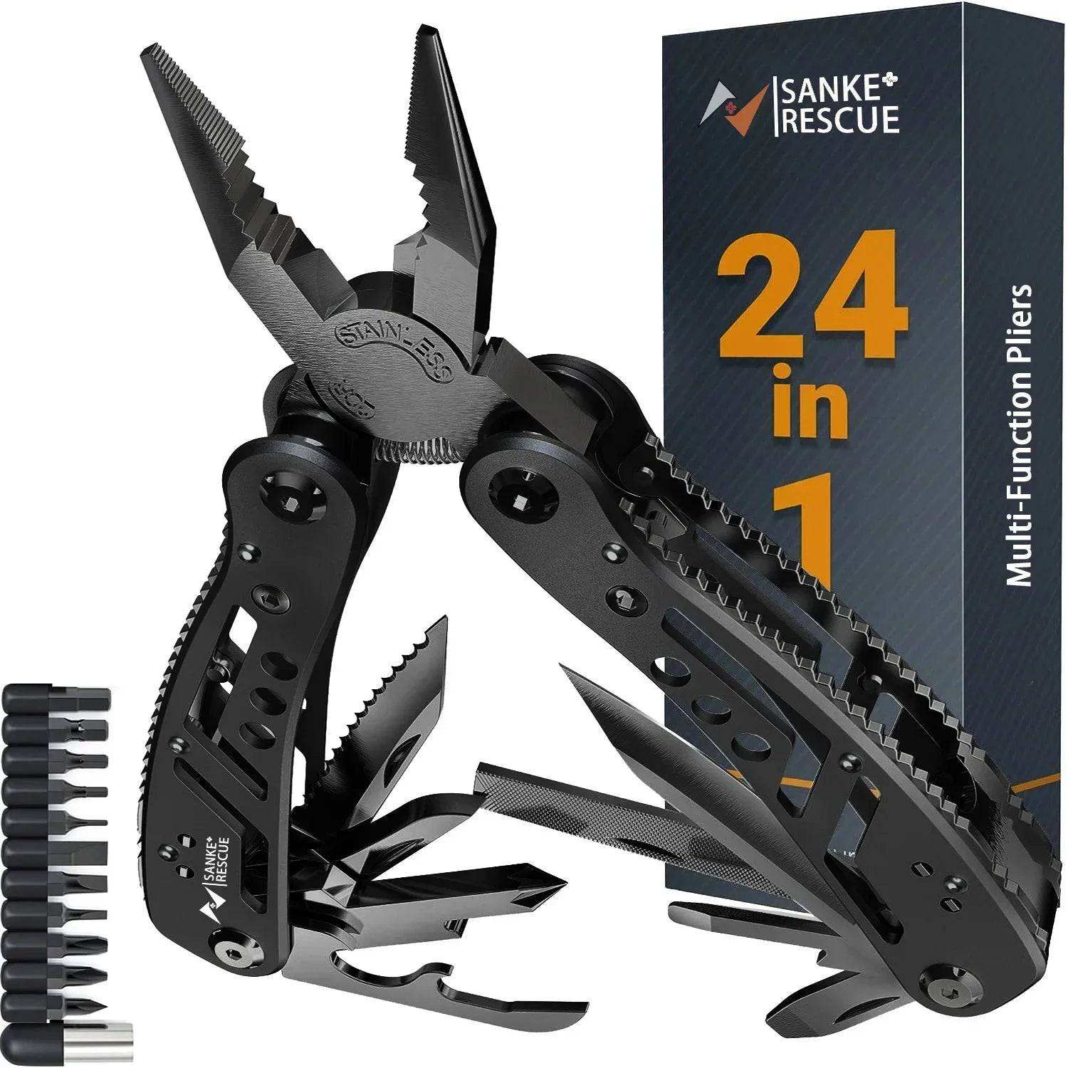 24-in-1 Sanke Rescue multitool with pliers, screwdrivers, wire cutters, saw blade, and snake hook for survival and camping gear