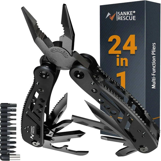 24-in-1 Sanke Rescue multitool with pliers, screwdrivers, wire cutters, saw blade, and snake hook for survival and camping gear